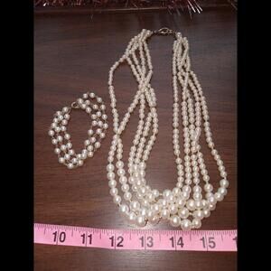 Pearl Set (Faux) Bracelet And Necklace.  Multi Strands. Gold Tone Accents. Vtg.
